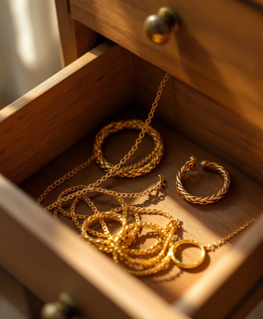 Open wooden drawer holding a tangle of old gold chains, rings and single earrings